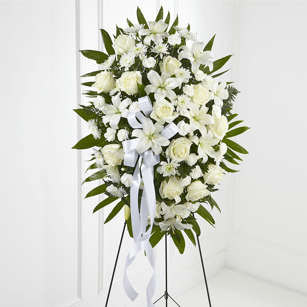Exquisite Tribute Standing Spray-White Ribbon – Sunflowershop Llc, Orlando FL